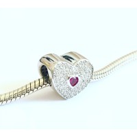 BE-381 Berloque Coração Romântico Em Prata 925  Com Zircônias Vermelha e Brancas